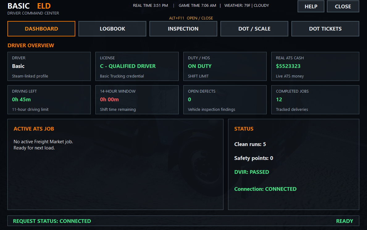 Basic Trucking dashboard tab showing connected driver overview