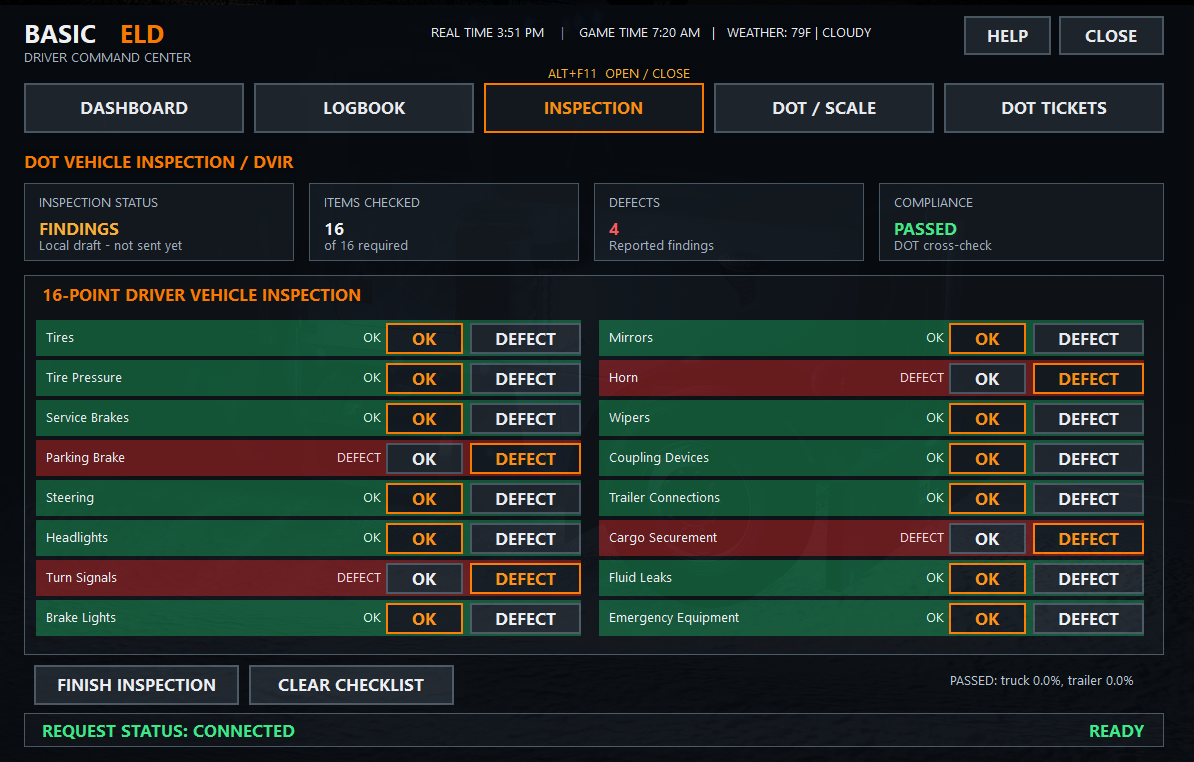Basic Trucking inspection tab