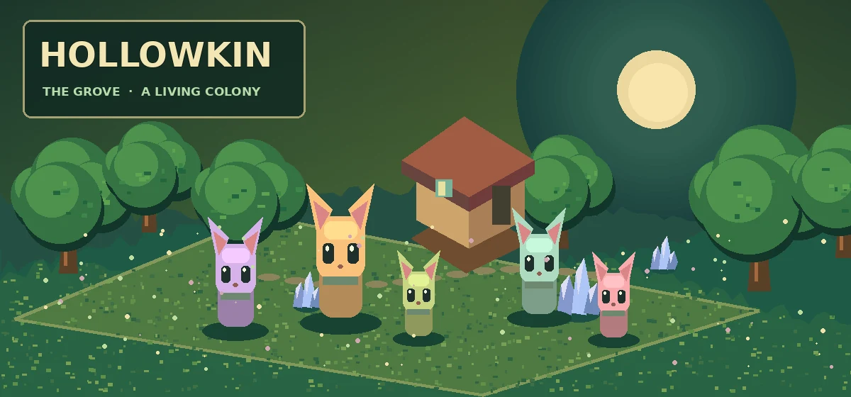Original Hollowkin colony game with five colorful forest creatures, grove trees, glowing stones, and a woodland cottage